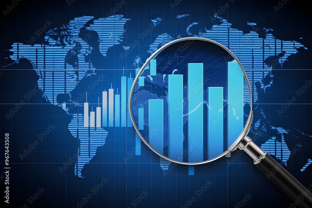 Bar chart magnified by glass, world map overlay, labeled STOCK MARKET ANALYTICS Bar chart magnified by glass, world map overlay, labeled STOCK MARKET ANALYTICS