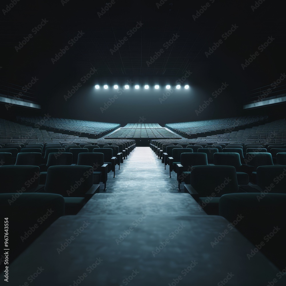 Fototapeta premium Empty theater with stage lights illuminating the walkway. The seats are dark and the atmosphere is expectant.