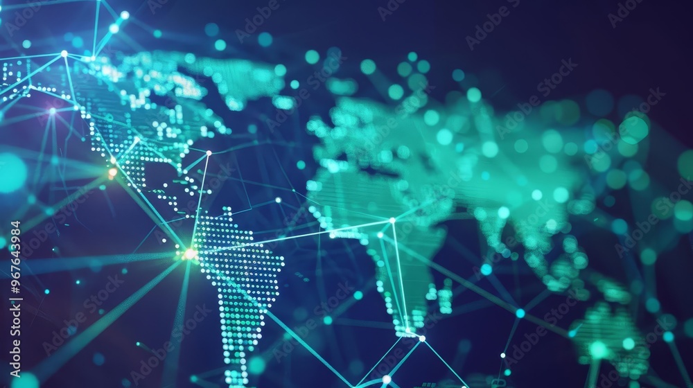 Abstract digital world map with glowing lines and dots, representing global connectivity and data flow. Abstract digital world map with glowing lines and dots, representing global connectivity and data flow.