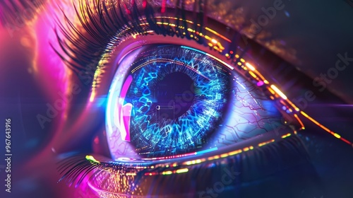 Futuristic imagery of an eye, highlighting the role of AI and automation in business processes to improve efficiency and productivity with copy space photo