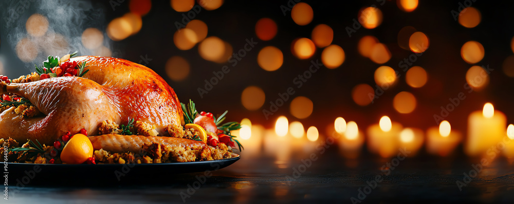 A beautifully roasted turkey served on a dark plate, surrounded by festive decorations and soft glowing lights. A beautifully roasted turkey served on a dark plate, surrounded by festive decorations and soft glowing lights.