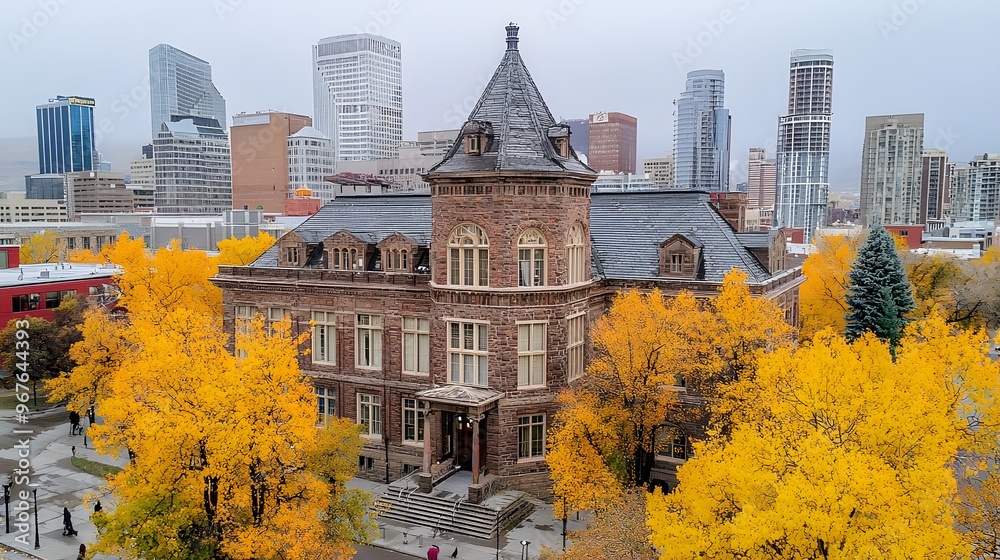 Naklejka premium Historic building amidst vibrant autumn foliage in a modern urban landscape.