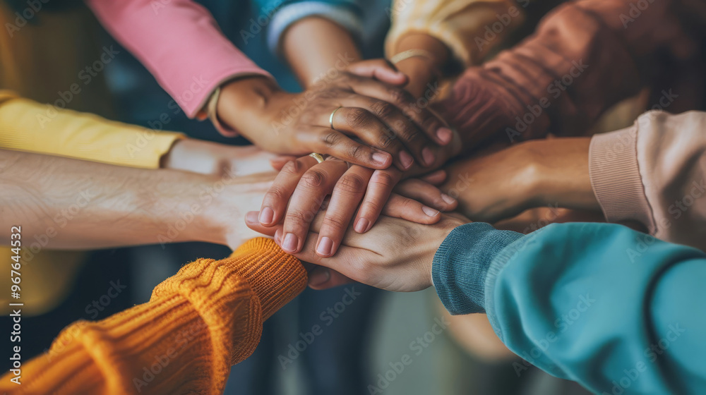 Hands stacked together, symbolizing creative teamwork, corporate unity, and the idea that success is a collective effort with copy space Hands stacked together, symbolizing creative teamwork, corporate unity, and the idea that success is a collective effort with copy space
