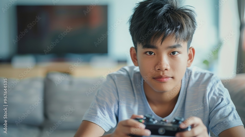 Young gamer having fun with video games in a bright and cheerful living space. Young gamer having fun with video games in a bright and cheerful living space.
