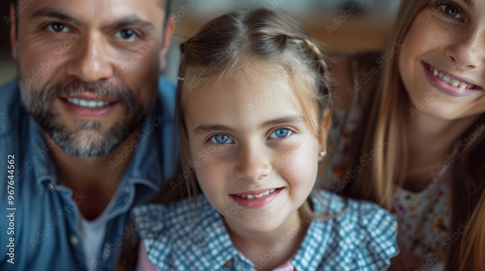 Happy family portrait with father and two daughters smiling. Happy family portrait with father and two daughters smiling.