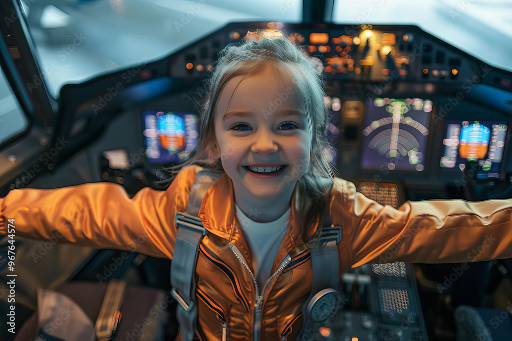 Happy child in a pilot suit posing inside an airplane cockpit, representing future dream job aspirations Happy child in a pilot suit posing inside an airplane cockpit, representing future dream job aspirations