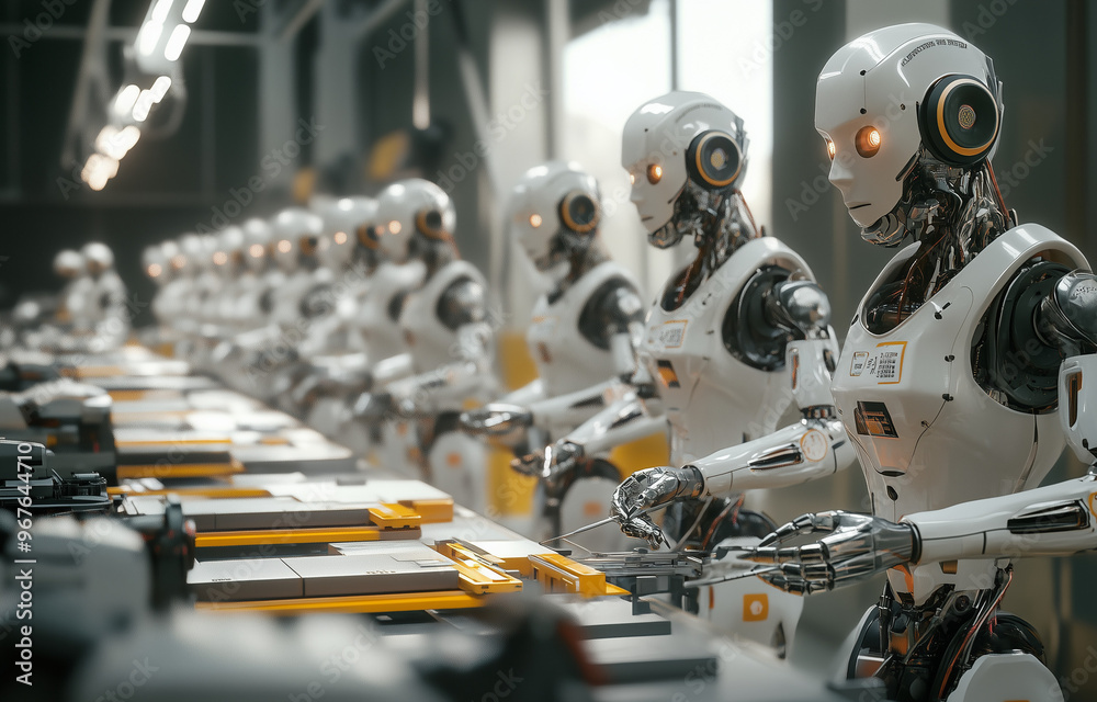 Industrial robot assembly line manufacturing parts, robotics instructor leading training course, precision engineering site. Industrial robot assembly line manufacturing parts, robotics instructor leading training course, precision engineering site.
