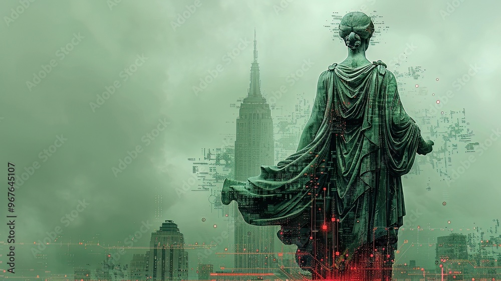 High tech Liberty figure, with circuit patterns on her robe, standing guard on an island of technology High tech Liberty figure, with circuit patterns on her robe, standing guard on an island of technology