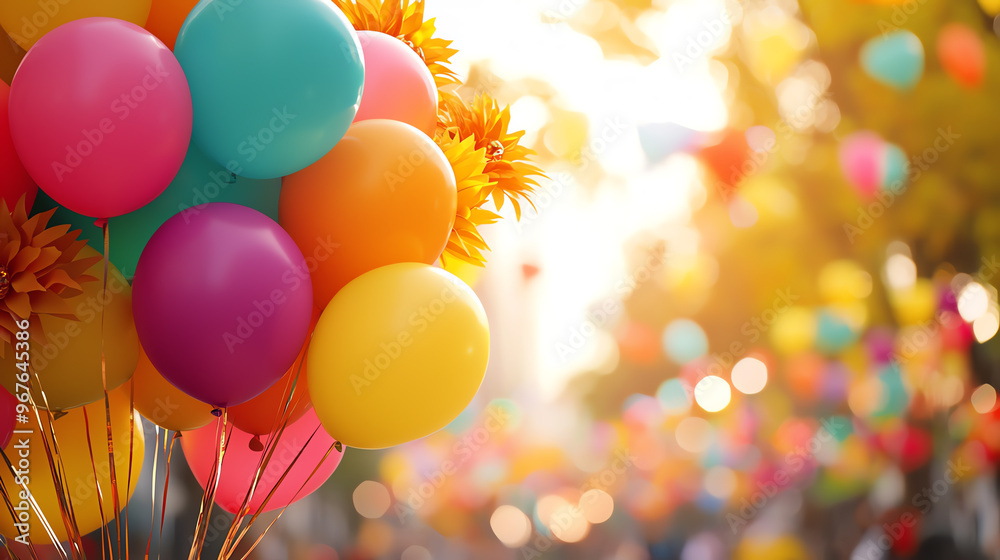 Obraz premium Colorful balloons floating in a festive atmosphere, perfect for celebrations, parties, and joyful events.