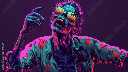 A striking zombie with vibrant sunglasses, exuding a fun and colorful horror vibe. photo