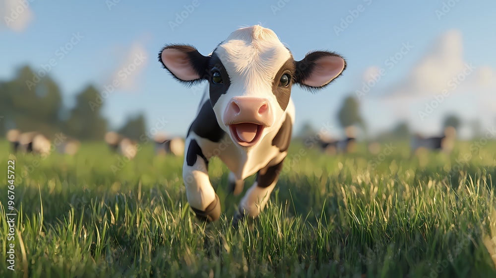 Joyful black and white calf running in a sunny grassy field. Joyful black and white calf running in a sunny grassy field.