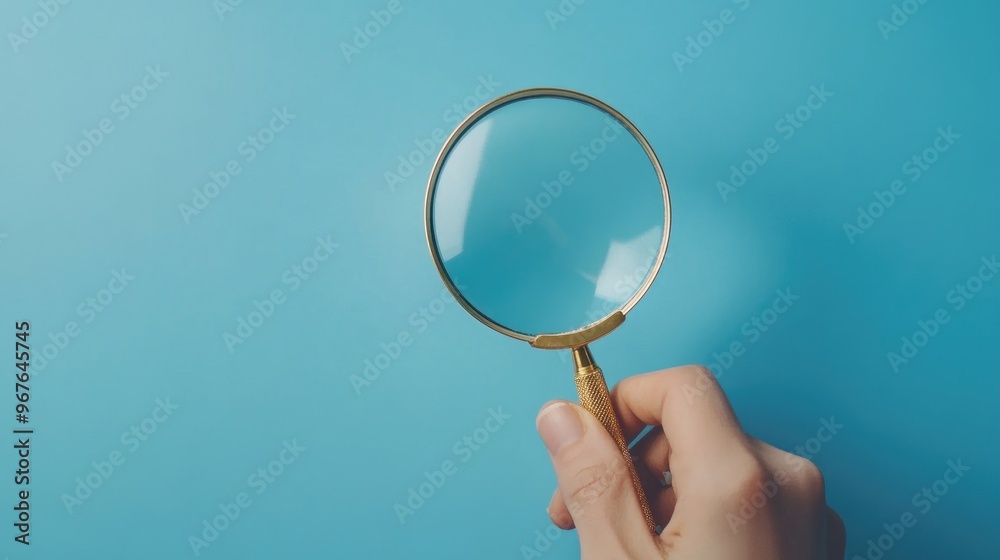 A magnifying glass held by a hand, focusing on an object against a plain blue backdrop A magnifying glass held by a hand, focusing on an object against a plain blue backdrop