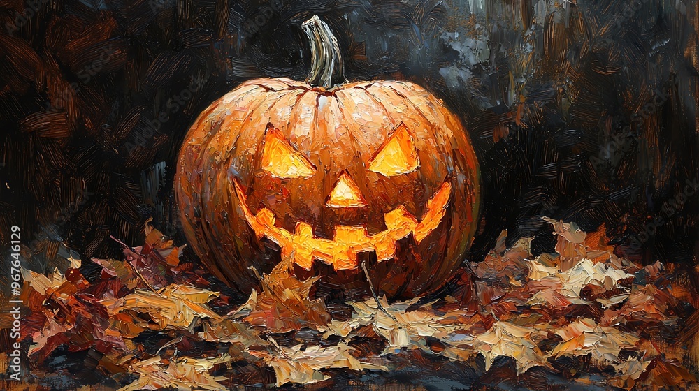 Oil painting of a lowangle perspective on a beautifully carved pumpkin