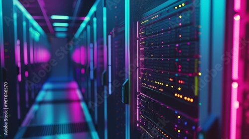 Modern server room with neon lights and rows of powerful servers.