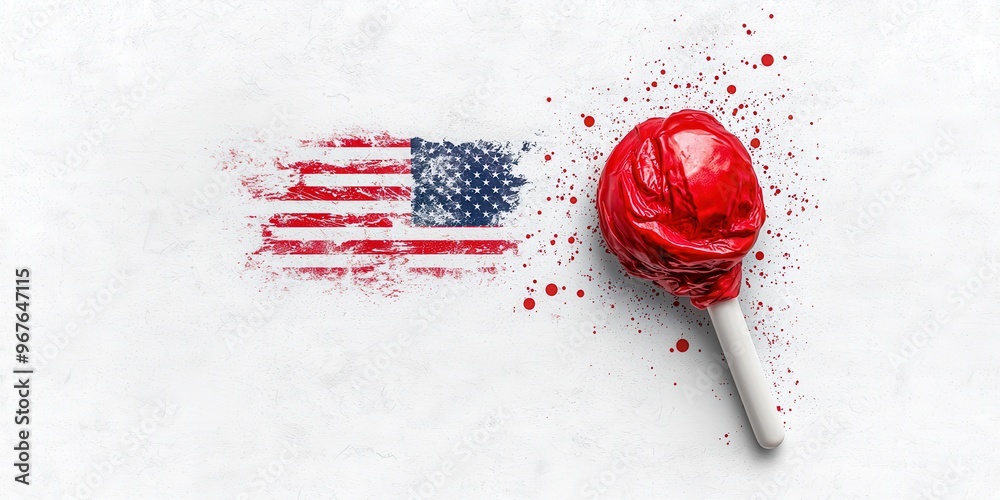 A vibrant red lollipop beside a painted American flag, representing patriotism and sweetness in a creative artistic style. A vibrant red lollipop beside a painted American flag, representing patriotism and sweetness in a creative artistic style.