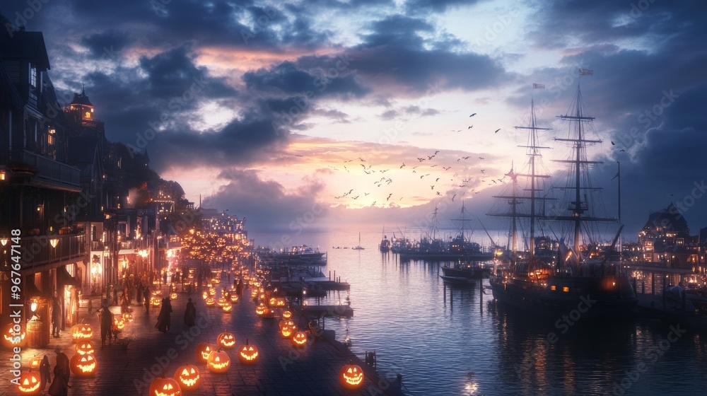 Naklejka premium Halloween festival in a small coastal city eerie fog rolling in from the sea