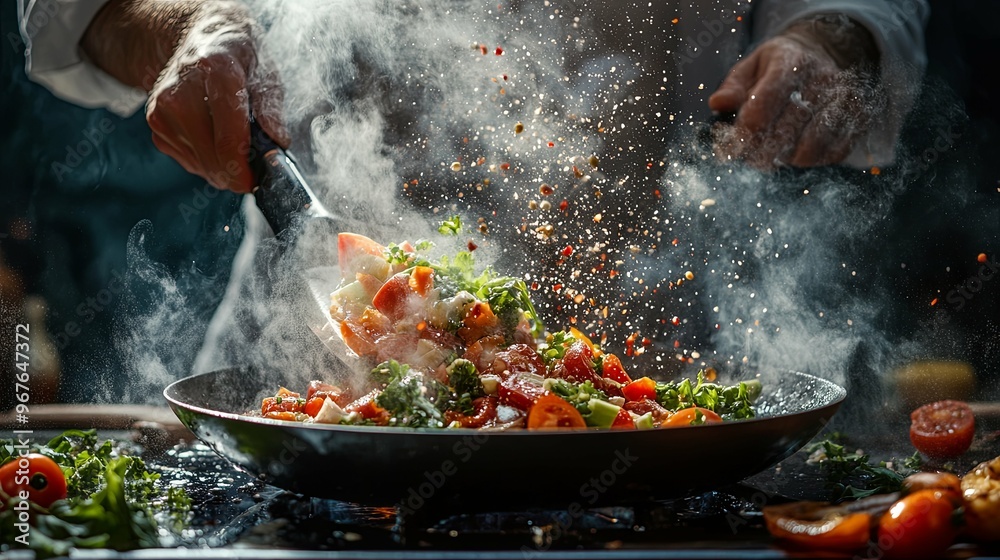 Chef Tossing Vegetables in a Pan with Smoke and Spices Chef Tossing Vegetables in a Pan with Smoke and Spices