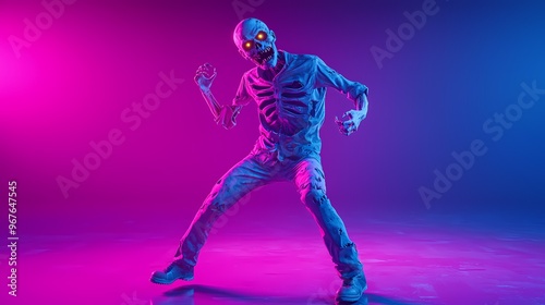 A vibrant skeleton figure with glowing eyes in a dynamic pose against a colorful backdrop.