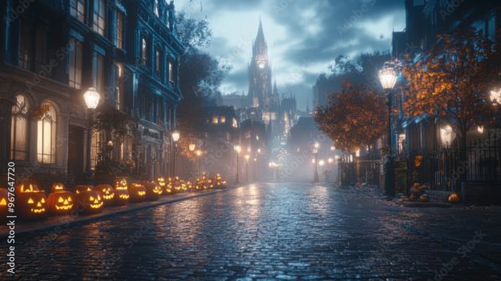 Naklejka premium Halloween festival in an old European city cobblestone streets lit by jack-o-lanterns