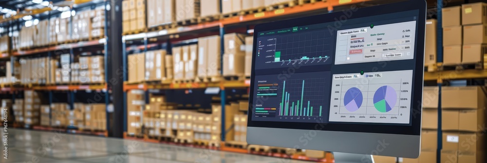 Inventory management system showing real-time stock levels, reorder points, and analytics on a computer screen with copy space Inventory management system showing real-time stock levels, reorder points, and analytics on a computer screen with copy space