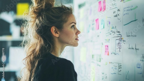 A businesswoman articulating ideas in a meeting with a whiteboard and charts.