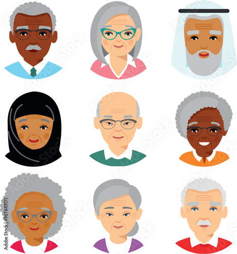 Different avatar african american, european, asian old peoples in colorful flat style.