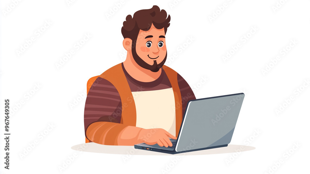 A cheerful man working on a laptop at a simple desk indoors during the daytime A cheerful man working on a laptop at a simple desk indoors during the daytime