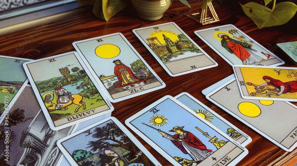 Obraz premium Tarot cards spread out on a wooden table.