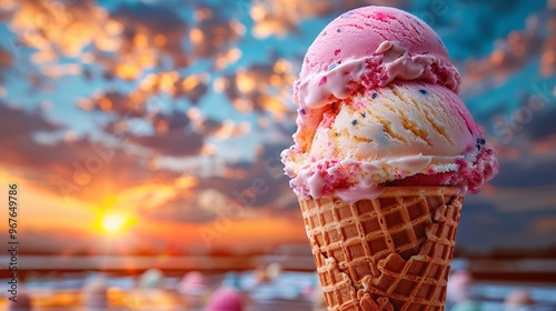 Low Angle Shot , Ice Cream , Emotion Delightful , Scene Towering ice cream cone with multiple flavors , Negative Space , Lighting Bright Sun , Afternoon , Ice Cream Parlor photo