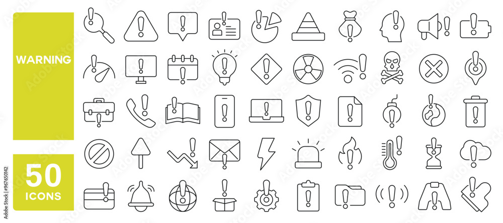Set of 50 line icons related to warning, caution, error, danger, stop, exclamation, hazard, alert, risk, Editable stroke. Vector illustration Set of 50 line icons related to warning, caution, error, danger, stop, exclamation, hazard, alert, risk, Editable stroke. Vector illustration