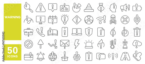 Set of 50 line icons related to warning, caution, error, danger, stop, exclamation, hazard, alert, risk, Editable stroke. Vector illustration