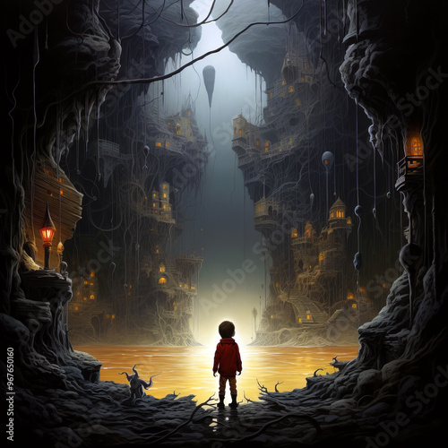 A mysterious cavernous world where a small figure in a red coat stands before an illuminated underground river, surrounded by towering structures woven with roots and lights.