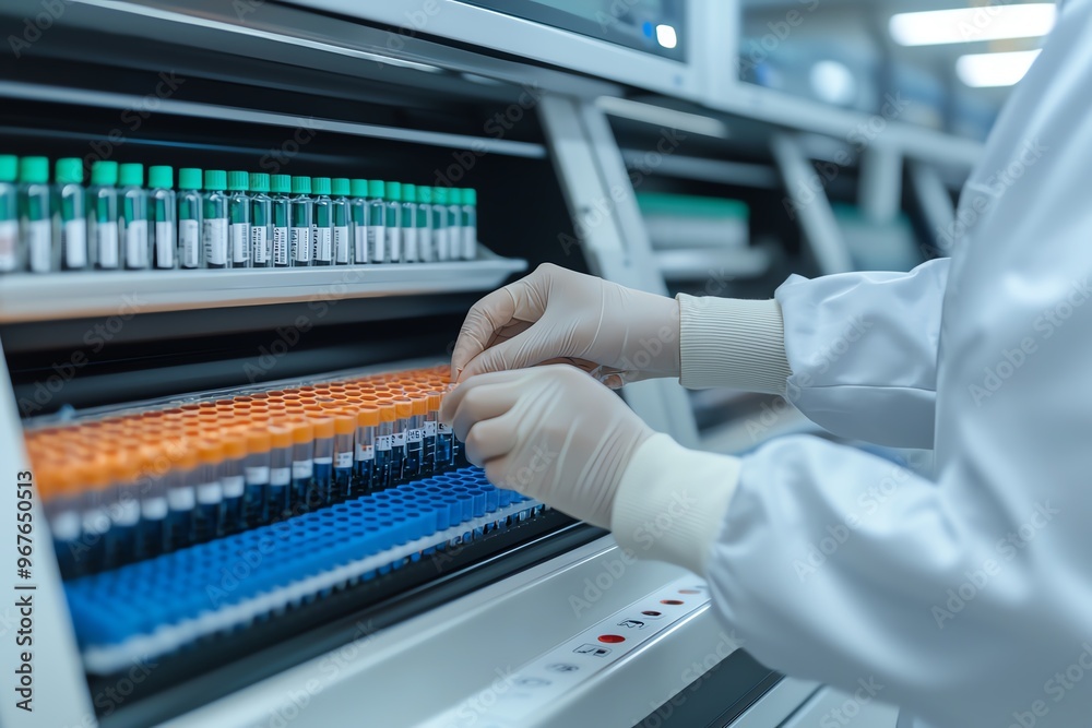 Scientist inserting samples into a high-tech DNA sequencing machine, biotech innovation Scientist inserting samples into a high-tech DNA sequencing machine, biotech innovation