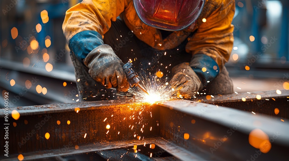 A Welder in Yellow and Blue Workwear Uses a Welding Torch on Metal A Welder in Yellow and Blue Workwear Uses a Welding Torch on Metal