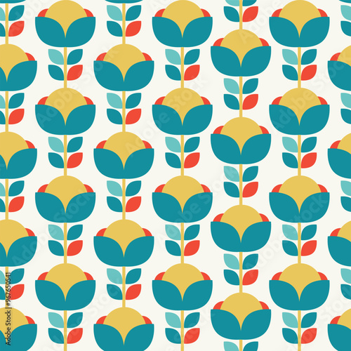 1970s Mod Floral Pattern. Retro 70s 60s Design Yellow, Bluea nd Bright Red Geometric Abstract Flowers. Groovy Mid Century Modern Seamless Patten Repeat.