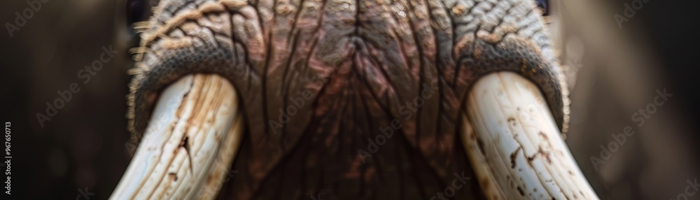 Macro view of a walrus tusks, emphasizing the length and texture, ideal for marine mammal adaptation studies Macro view of a walrus tusks, emphasizing the length and texture, ideal for marine mammal adaptation studies