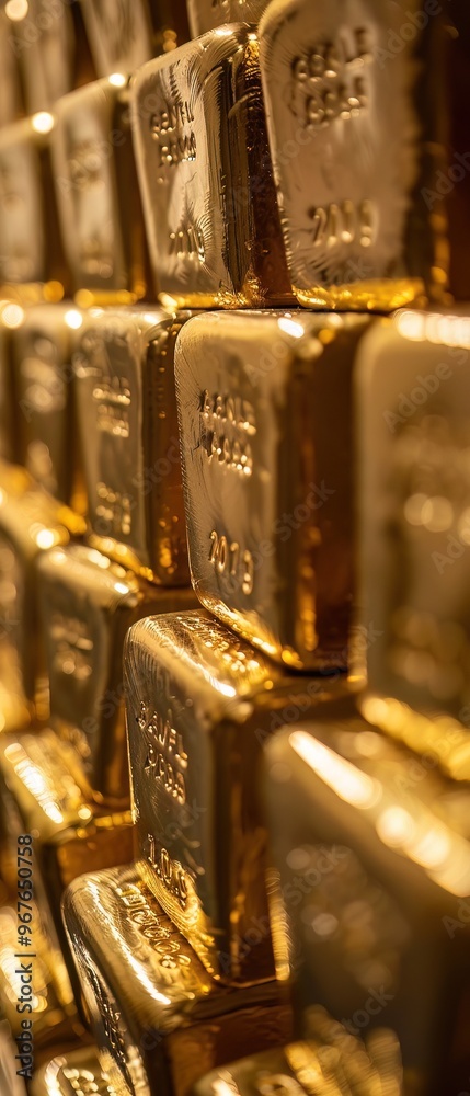 Macro view of gold bars stacked in a vault, highlighting wealth and investment security, ideal for gold trading themes Macro view of gold bars stacked in a vault, highlighting wealth and investment security, ideal for gold trading themes