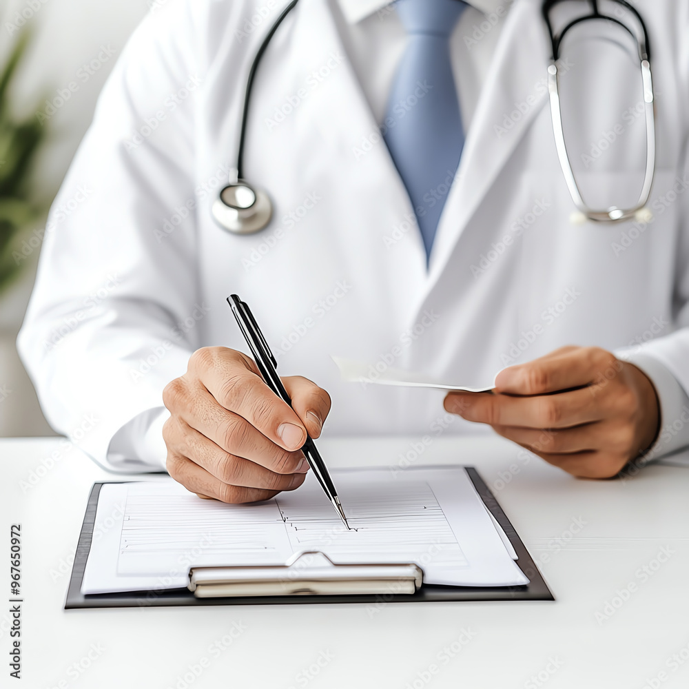 A healthcare professional in a white coat reviews medical paperwork while holding a pen, symbolizing professionalism and care. A healthcare professional in a white coat reviews medical paperwork while holding a pen, symbolizing professionalism and care.