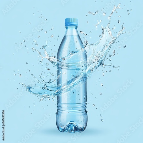 Mineral water bottle with swirl splash. Vector promotional advertising background with realistic 3d vector plastic bottle and pure waters on blue 
