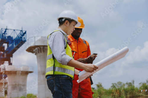 Engineers supervising the construction of high-speed railway bridges and roads