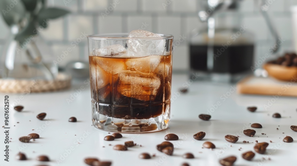 Cold Brew Espresso Carajillo Cocktail made with frozen espresso ice cubes, black coffee, liqueur, and Vodka on a white kitchen table. Cold Brew Espresso Carajillo Cocktail made with frozen espresso ice cubes, black coffee, liqueur, and Vodka on a white kitchen table.