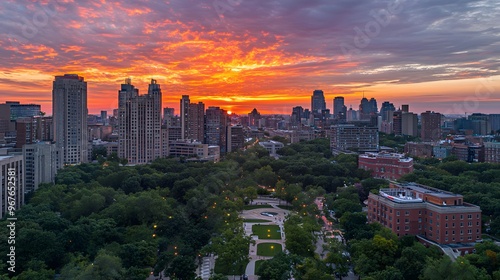 Stunning sunset over a vibrant city skyline with lush green park below.