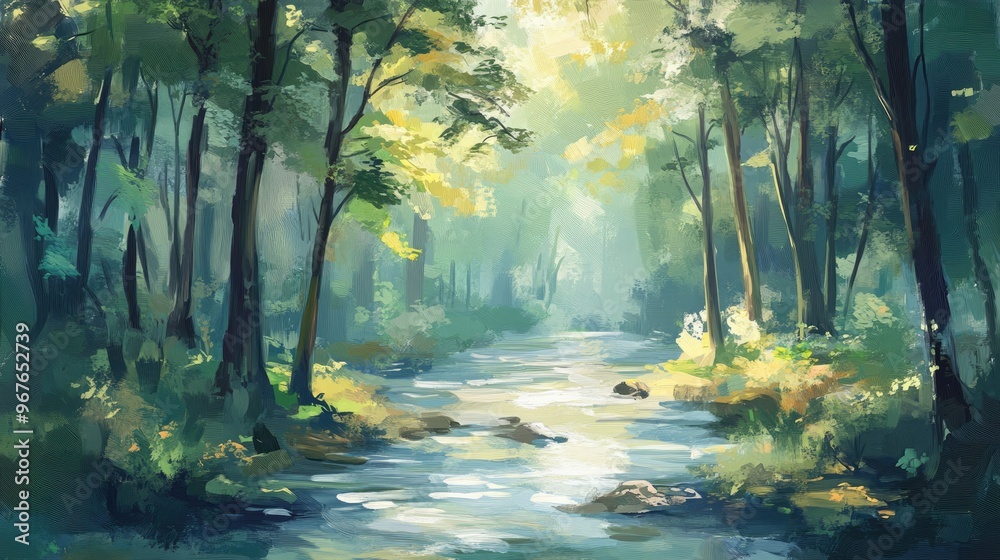Obraz premium A nature painting featuring a serene forest with tall trees and a flowing river in soft brushstrokes
