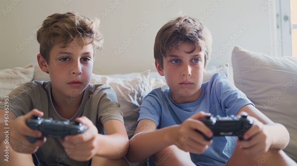 Boys enjoying a gaming experience together in a bright, modern room, reflecting a fun family activity. Boys enjoying a gaming experience together in a bright, modern room, reflecting a fun family activity.
