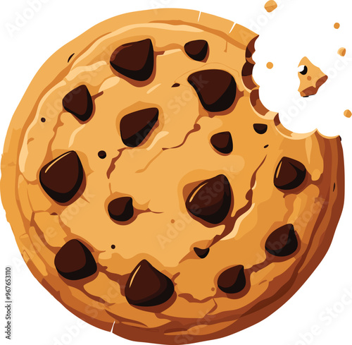 A delicious-looking chocolate chip cookie with a bite taken out of it, emphasizing its irresistible appeal 