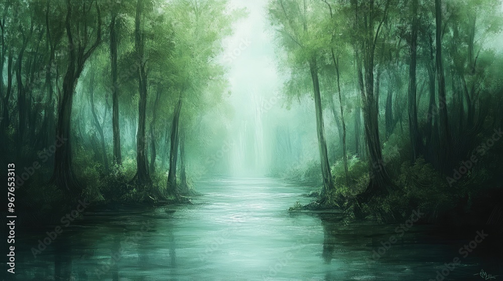Naklejka premium A nature painting featuring a serene forest with tall trees and a flowing river in soft brushstrokes