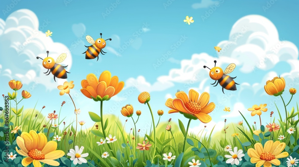 The image shows a cartoon meadow with yellow flowers and green grass The image shows a cartoon meadow with yellow flowers and green grass