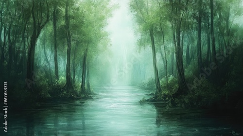 A nature painting featuring a serene forest with tall trees and a flowing river in soft brushstrokes