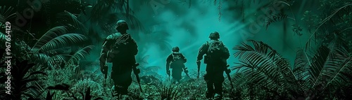 Night vision view of a special ops team navigating through a dense jungle, infrared outlines highlighting their path