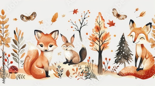 Watercolor woodland animal wall mural wallpaper. Cute cartoonHu Li es, bunnies and birds in the forest.